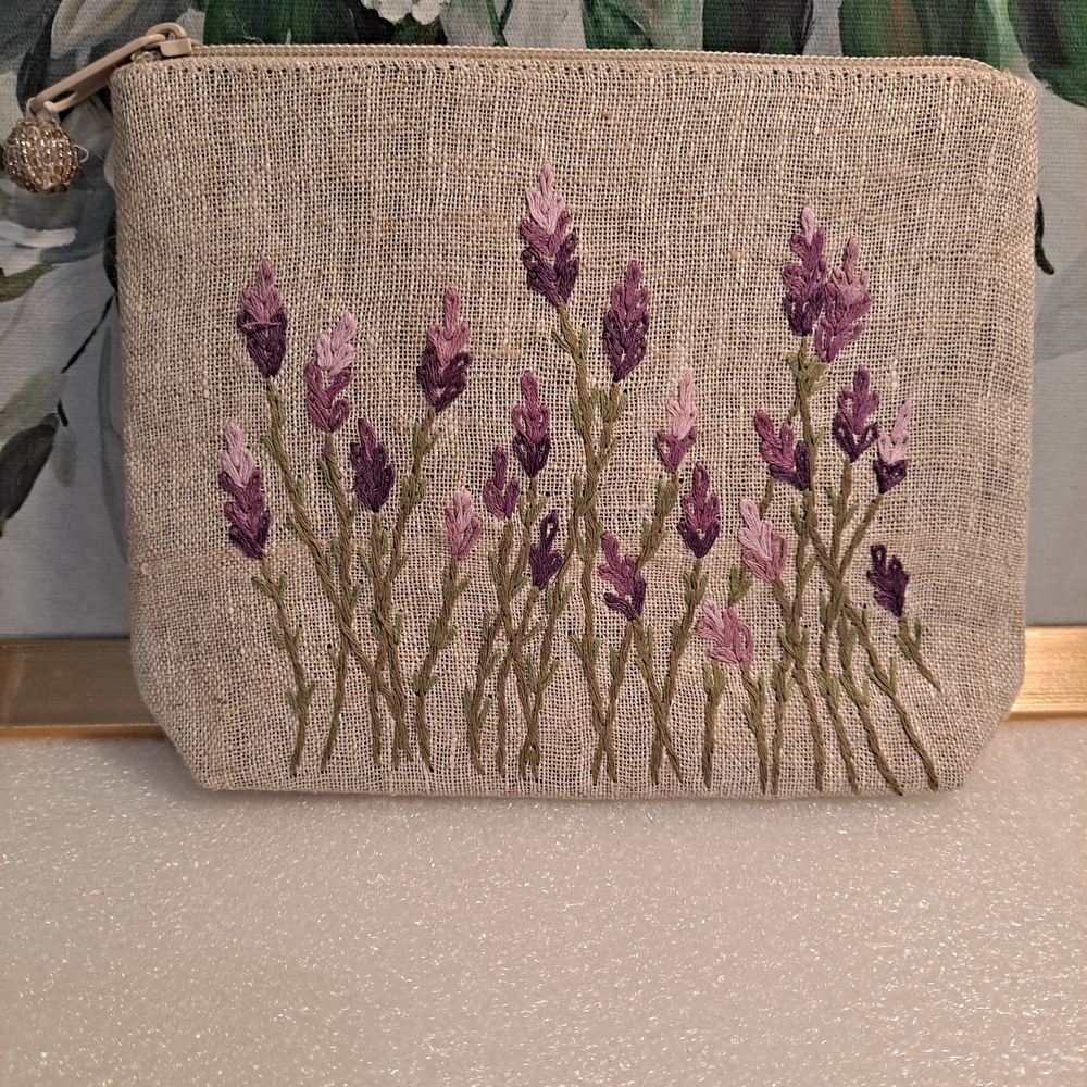 Artisanmade Lavender Floral Embroidered Gray Linen Cosmetic Zippered Pouch